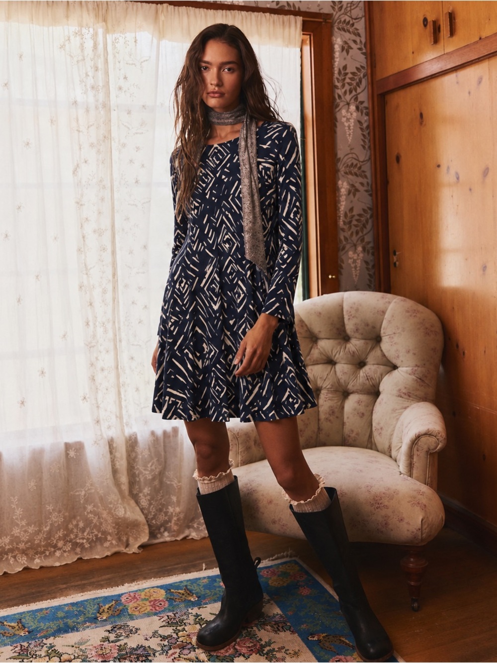 Lauren Ralph Lauren Navy White Abstract Geo Long Sleeve Lined Shift Dress Tunic